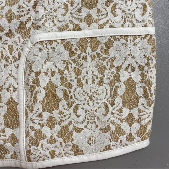 Chicos Bonded Lace Henrietta Cardigan Jacket Faux Leather Tan White Size 2 Large - Picture 4 of 6